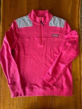 Vineyard Vines Bright Pink Quarter-Zip Pullover with Striped Shoulder Detail